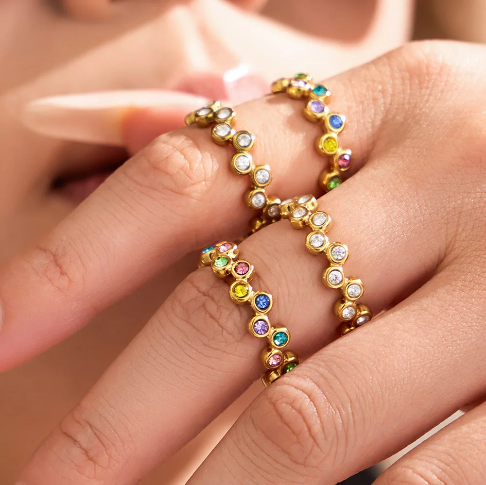 316L Edelstahlringe mit 18K vergoldeter Fassung, bunter Zirkonring, mehrlagig, für den Alltag, passend zu jedem Outfit, Schmuckgeschenk für Frauen – Detail 3