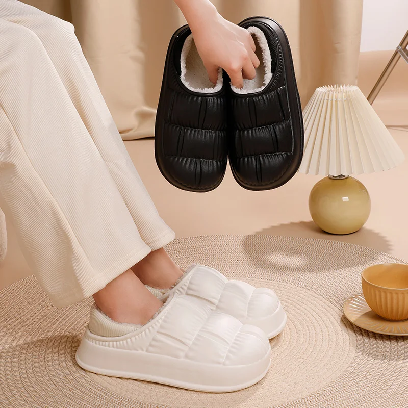 Waterproof Non-Slip Winter Home Shoes Women Comfort Soft Sole Plush House Slippers Woman Solid Color Warm Cotton-Padded Shoes