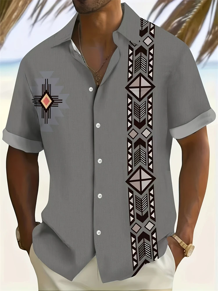 

Новая мужская повседневная рубашка с короткими рукавами в полоску в стиле ретро, футболка с геометрическим принтом, мужская летняя повседневная одежда для поездок на работу