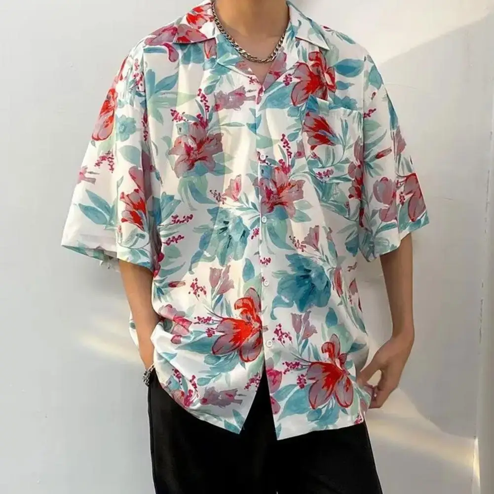 

Hawaiian Style Beach Shirt Stylish Men's Floral Print Hawaiian Vacation Shirt Loose Fit Lapel Collar Mid-length for Summer