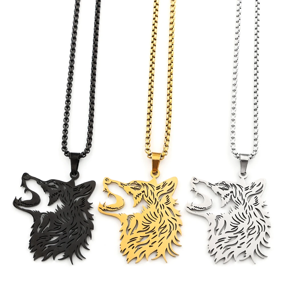 Hollow Roaring Wolf Head Pendant Necklace for Women Men Stainless Steel Gold Silver Color Viking Nordic Animal Chain Jewelry