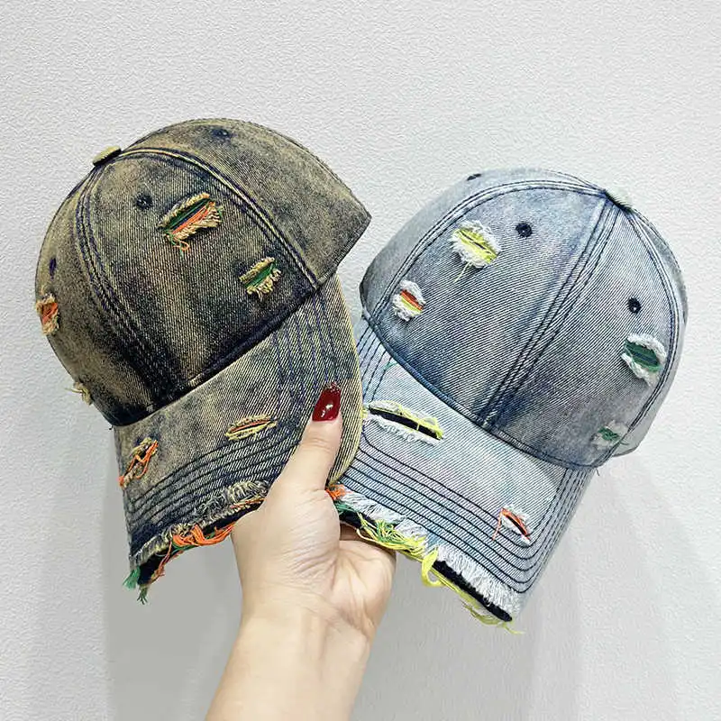 Neue Stil Frauen Kappe Tränen Stil Loch Vintage Bunte Linien Baseball Caps Weibliche Casual Outdoor Streetwear Denim Hut – Detail 5