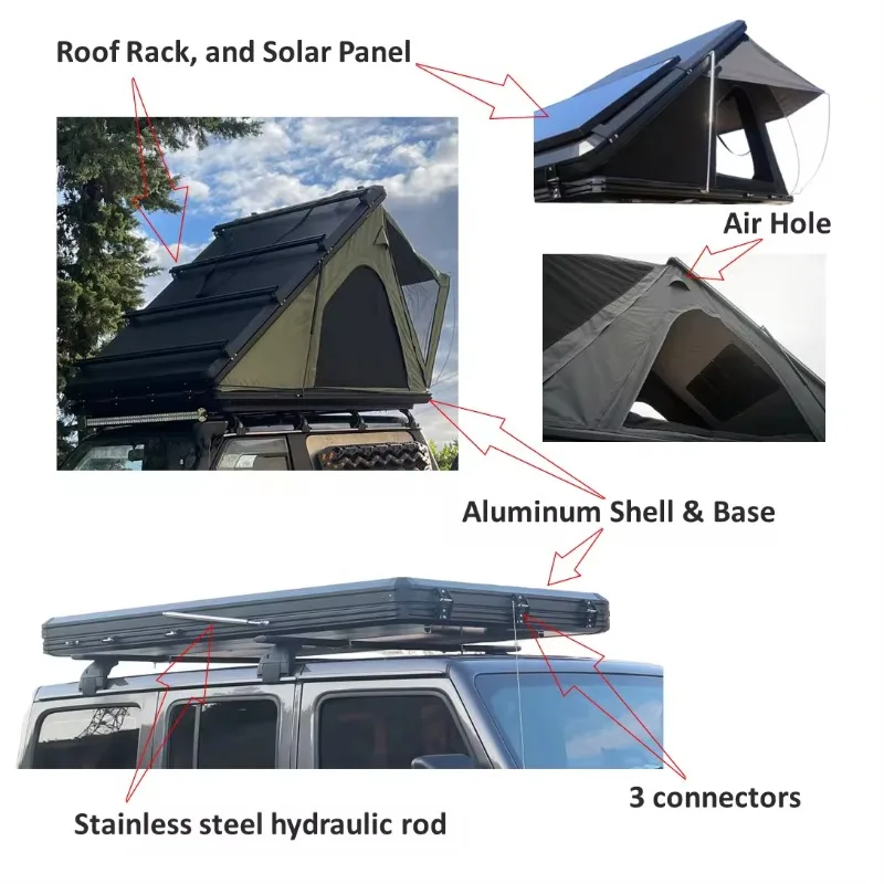 Remaco Camping Aluminum 4 Person Top Roof Tent, Triangle Car Rooftop Clamshell Black Gray Hard Shell