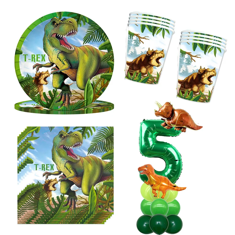 18pcs 32inch Number Dinosaur Balloon Set Dinosaur Tableware Plates Napkins Cups Tablecloth Jurassic Dinosaur Birthday Decor