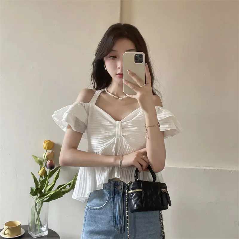 

Women Clothes Summer Korean Simplicity Trend Sexy Solid Color V-neck Femme Slash Neck Temperament Appear Thin Short Sleeve Tshir