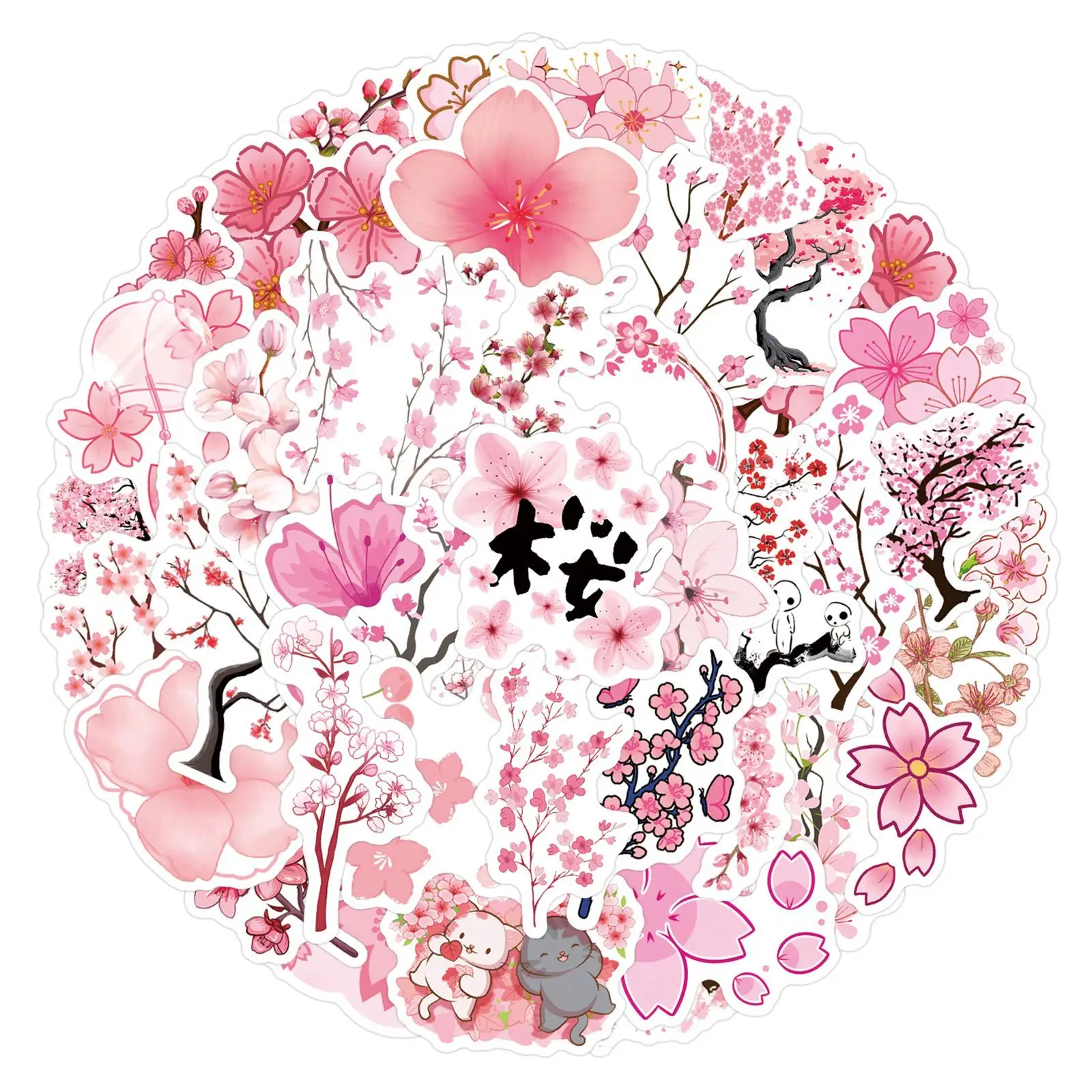 55pcs Pink Cherry Blossom Stickers, Kawaii Sakura Floral Waterproof PET Decals, Spring Aesthetic DIY Stickers for Journaling, Sc