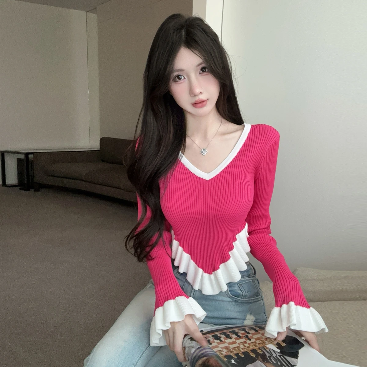 Slim Fit Long Sve V-Ne Knitted Sweater Bell Sve Base Layer Top Autumn Winter Faion Casual Sle Women's Knitwear