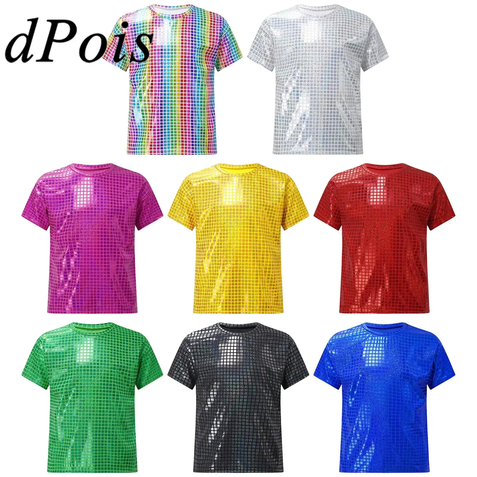 

Kids Girls Boys Shiny Sequins T-shirt Streetwear Children Short Sleeve Tops for Jazz Dance Hiphop Clothes Performance Costume