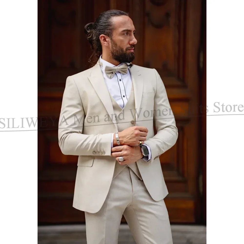 Chic Beige Men Suits 3 Piece Fashion Peak Lapel One Button Outfits Solid Color Business Casual Office Wedding Tuxedo Male Suit