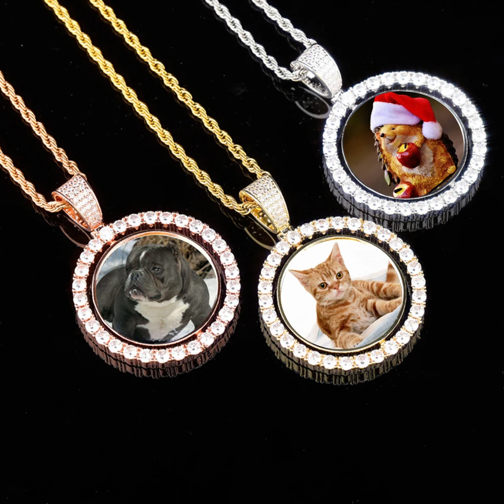 Hip Hop Custom Rotating Photo Frame Pendant Iced Out Zircon Double Side Photo Memory Medal Pendant Necklace Jewelry