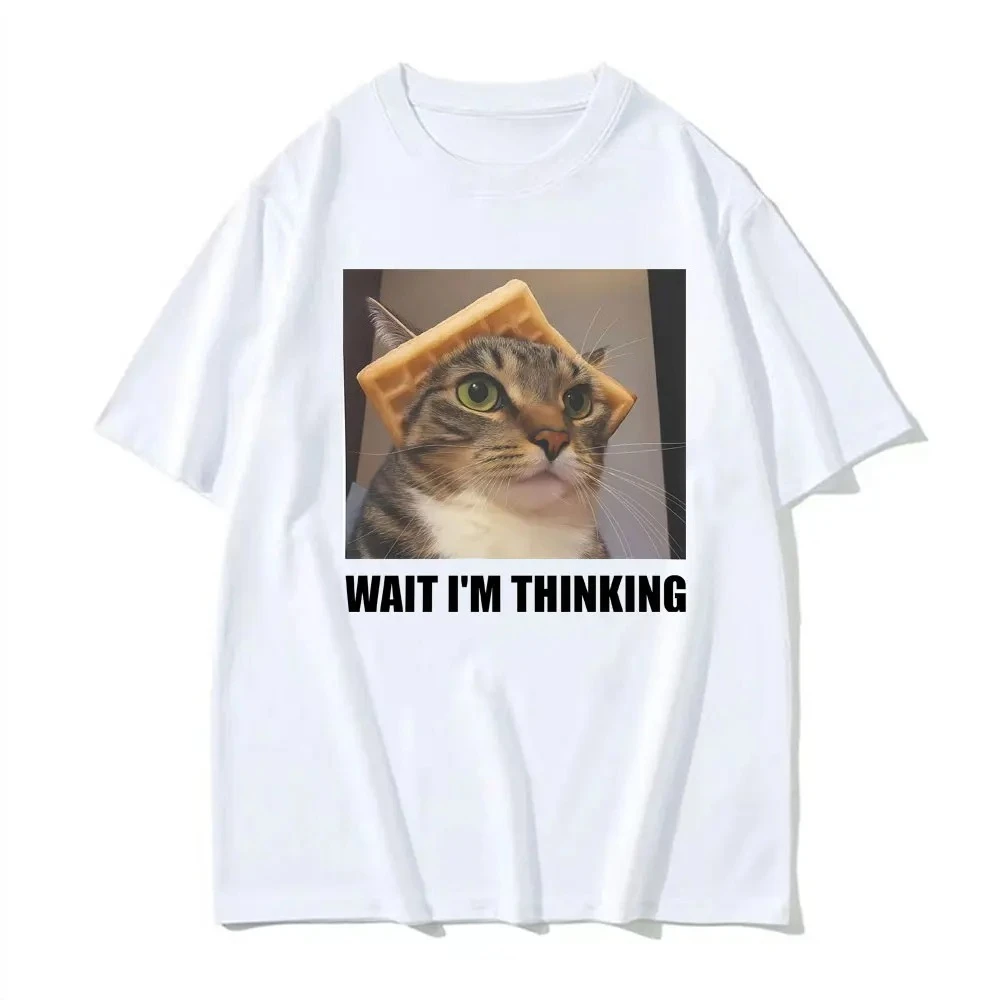 Women's Wait I'm Thinking Funny Cat Meme Print T-Shirt Fashion Humor Trend Casual Streetwear Short Sleeve Daily Basic Tee Top