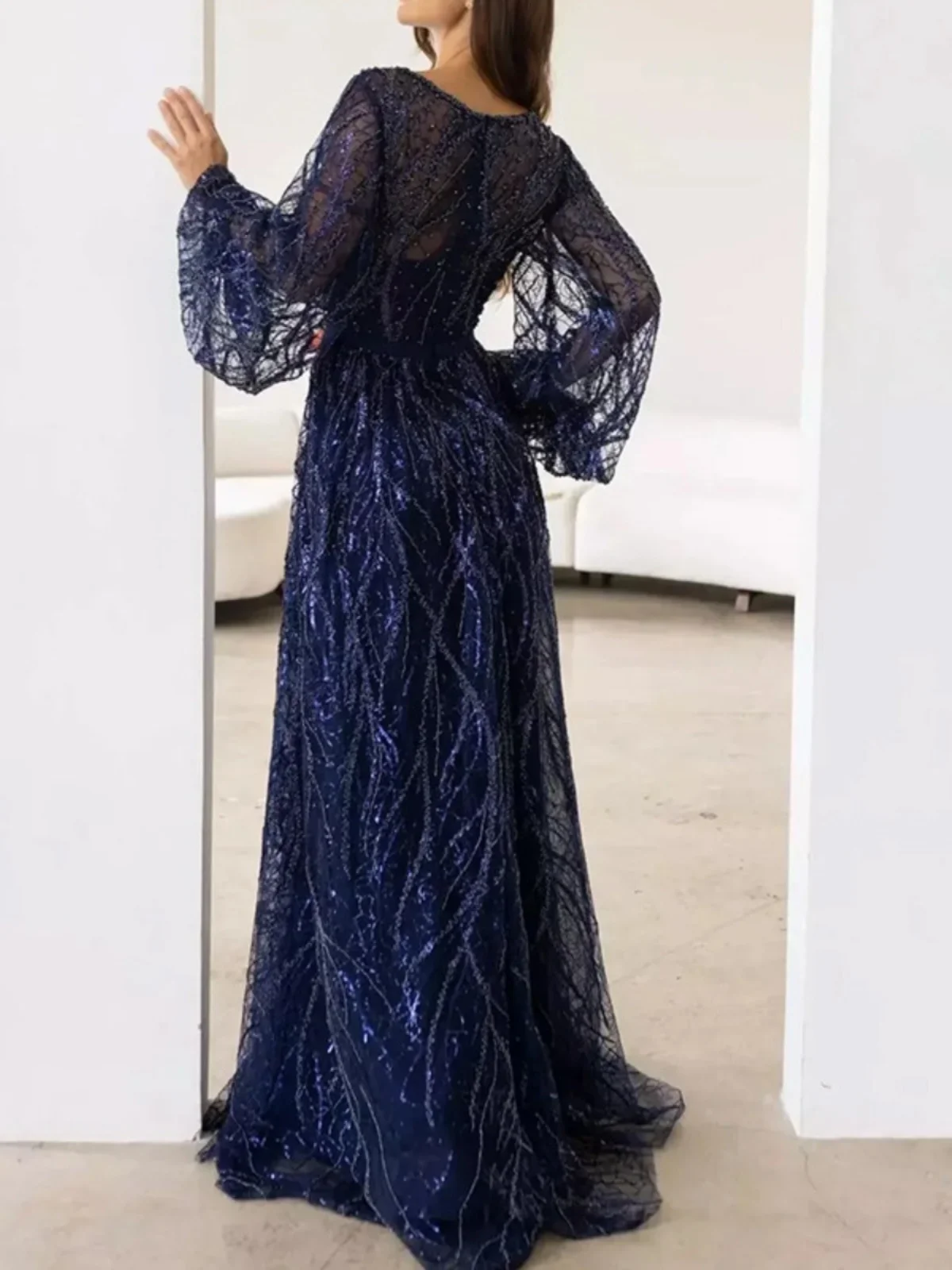 Long Sequin V-Neck Tassel Belted Party Dress Women's Commute Style Polyester Fiber Lantern Sleeve Maxi Gown Evening Dress