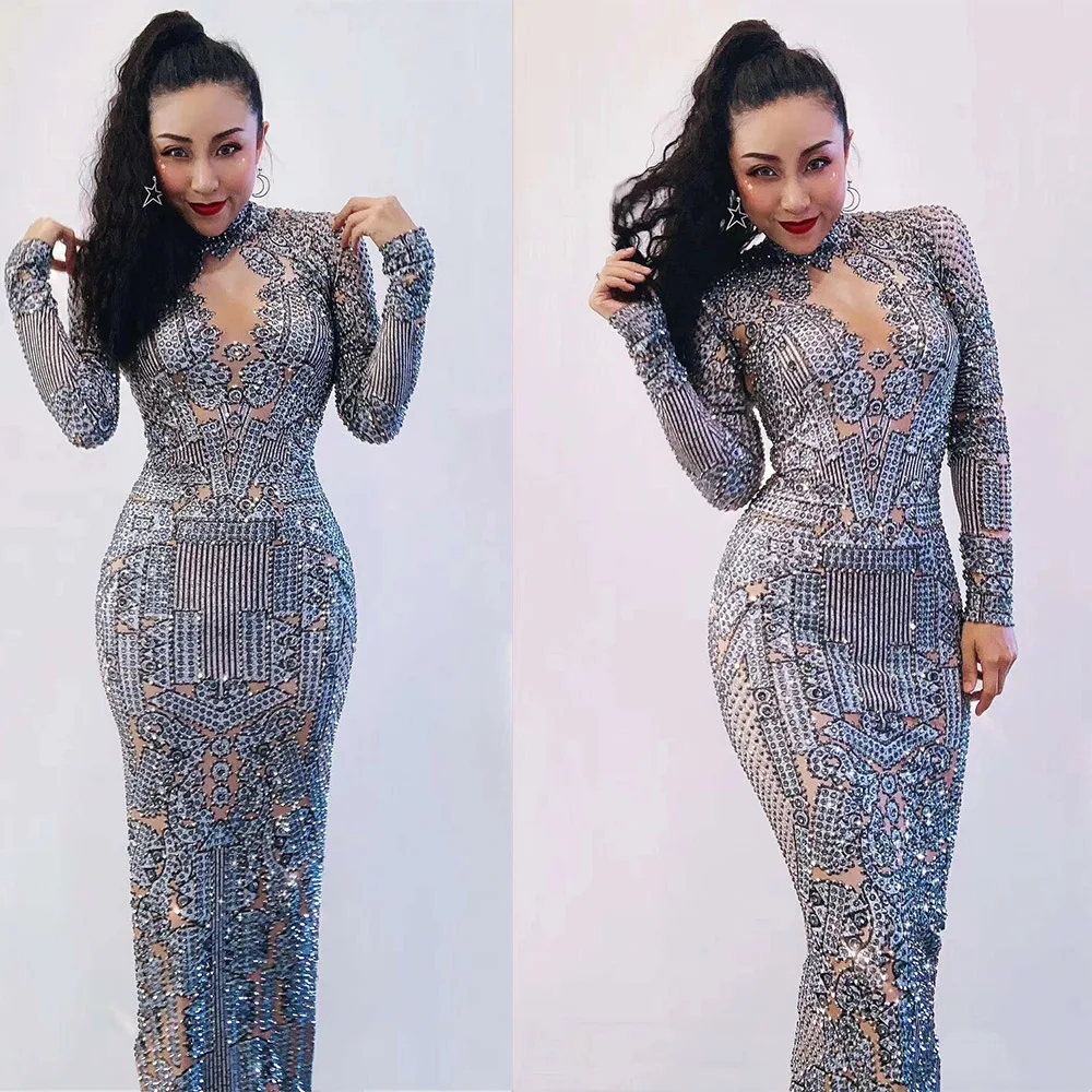 Vestido con estampado de diamantes de imitación, traje de noche para fiesta, club nocturno, espectáculo de baile, traje de escenario, longitud hasta el suelo