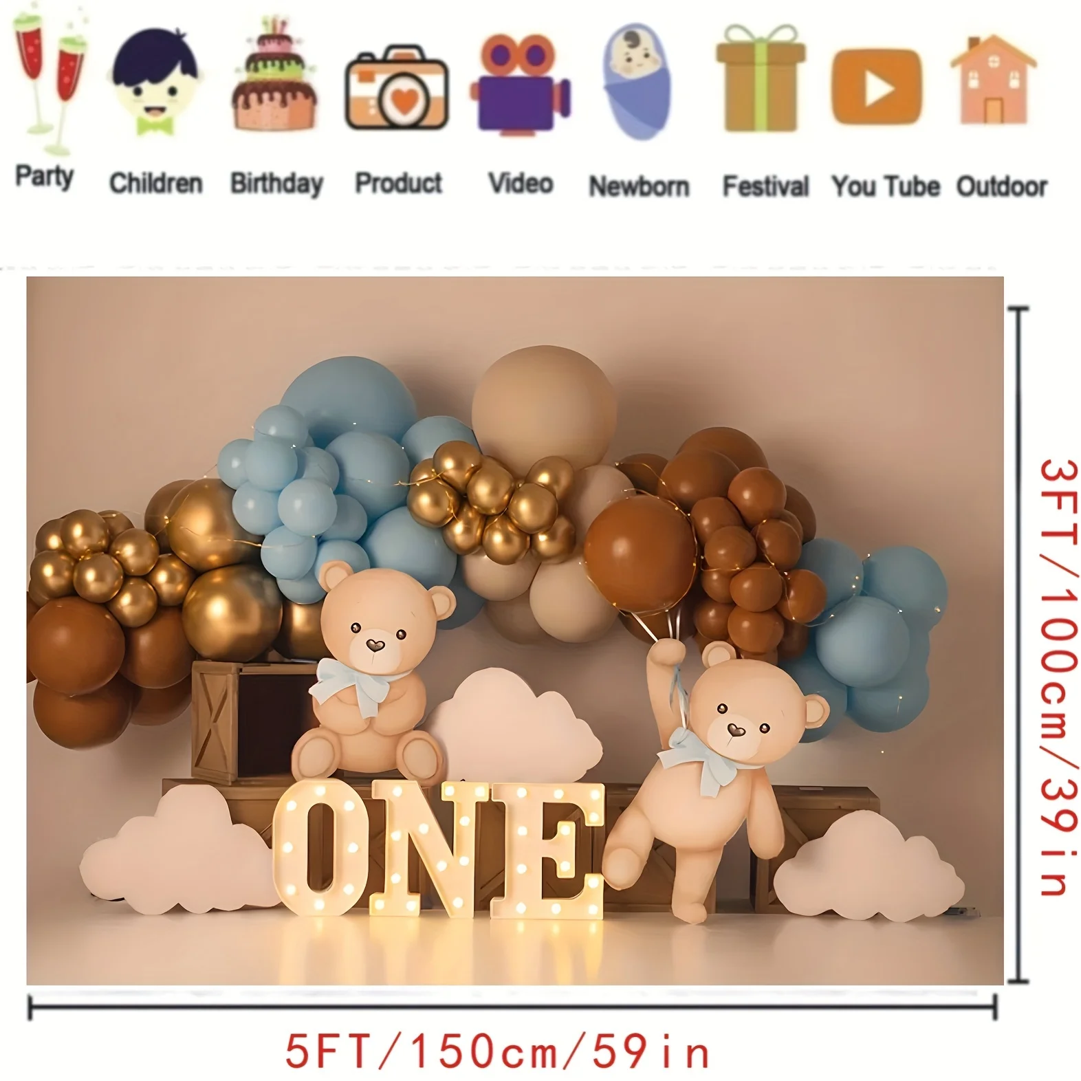 Teddy Bear and Golden Balloon themed party background for 1st birthday celebration - Photography background banner with clouds - view 3