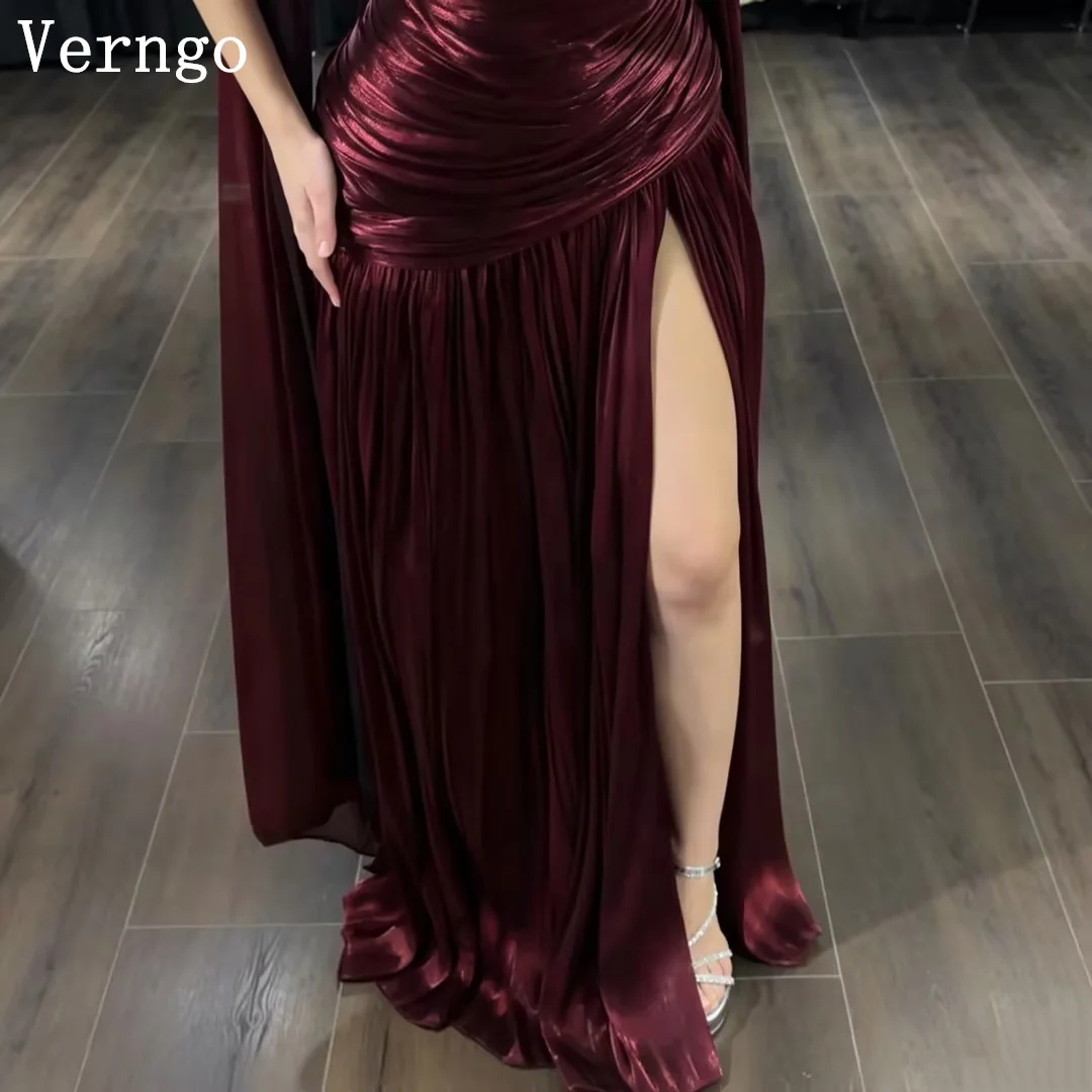 Verngo Sexy Burgundy Chiffon Evening Dress A Line Pleated Party Dress Scarf Side Slite Wedding Party Prom Gowns Customized