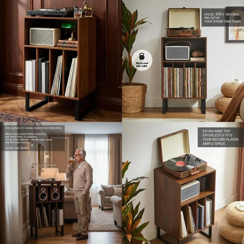 

Modern Vinyl Storage Cabinet with Turntable Table for Albums & LPs - Dark Walnut Media Console for Living Room, Bedroom, Office