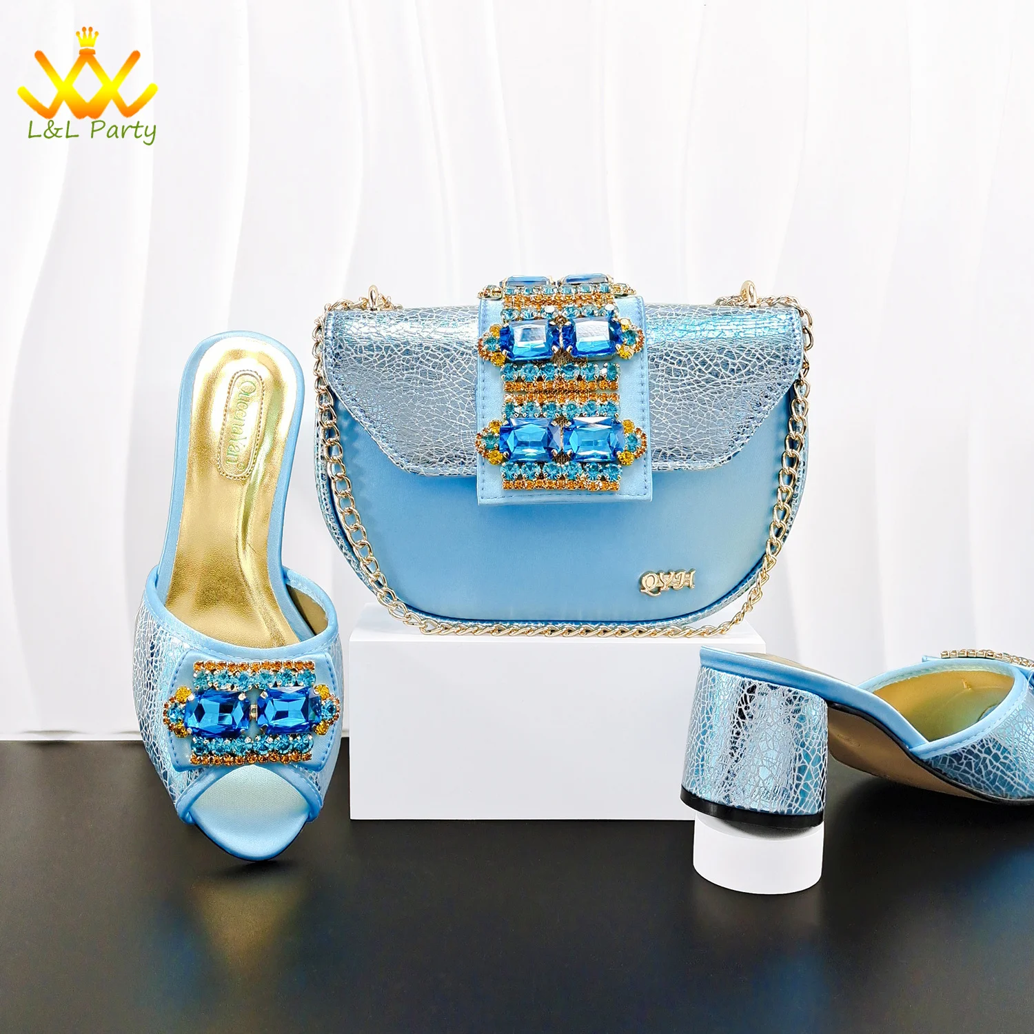 2026 Leisure Style New Arrivals Fashion Italian Design Peep Toe Sky Blue Color Shoes and Bag Set for Wedding Party