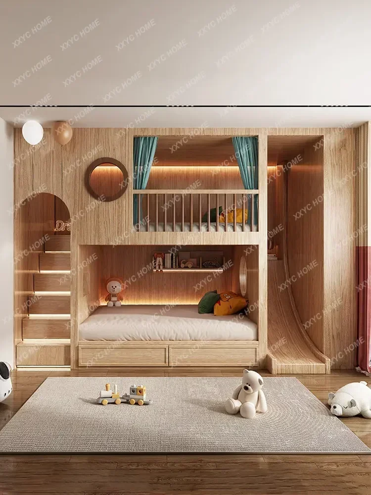 A  Children's Room Slide Tree House Upper and Lower Bunk Bunk Bed High Guardrail Sister and Brother Attic Bed cama para niña