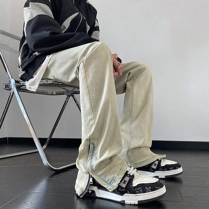 

American Retro Vibe Men's Jeans Spring Autumn High Street Hiphop Denim Cement Color Slit Micro Flared Pants Youth Trend