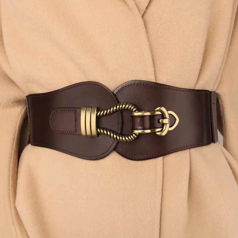 

New Head Layer Genuine Leather Waist Belt Women's Cowhide Waistband Decorative Dress Elastic Black Retro Style Coat Belts
