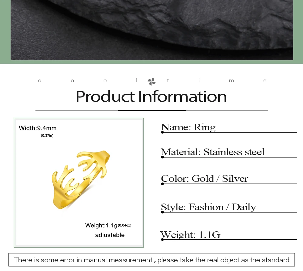 CoolTime Hirschgeweih Offener Ring Goldfarben Edelstahl Verstellbarer Ring Tierschmuck Geschenk für Liebhaber Natürliches Alltagsaccessoire – Detail 2