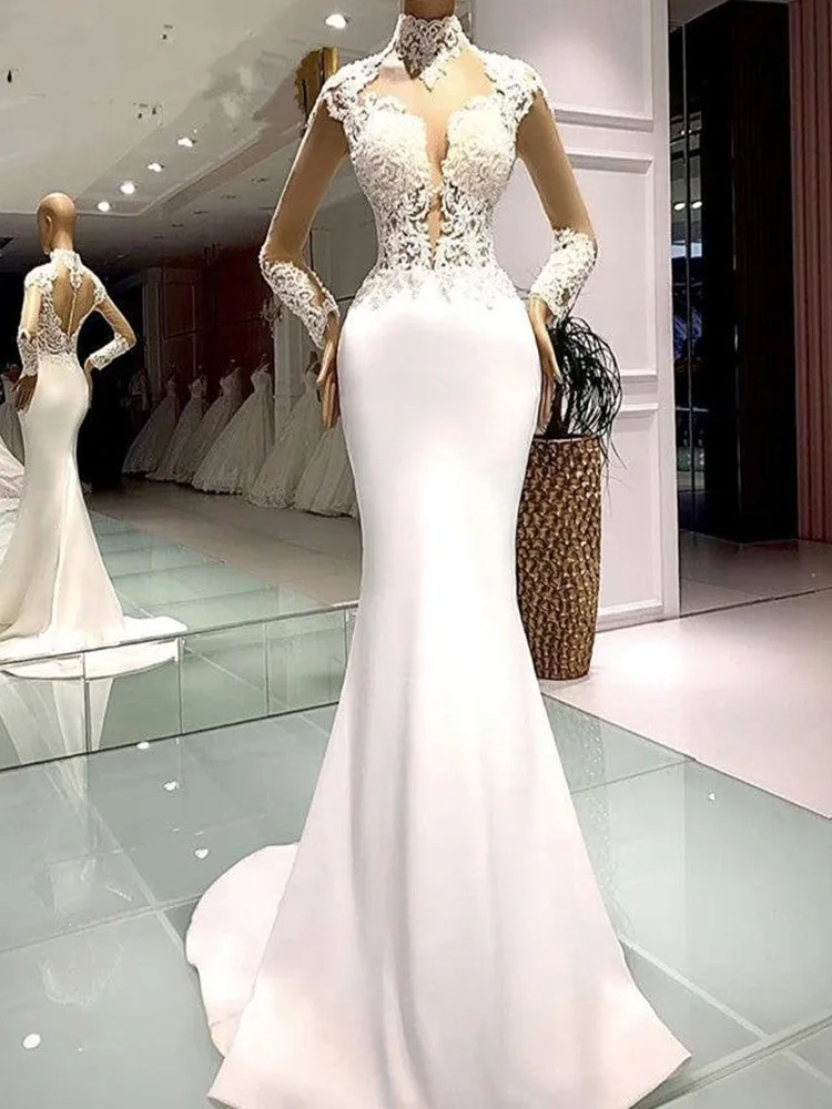 Customized See Through Lace Appliques Mermaid Wedding Dress For Bride Vestido De Noiva Sereia Satin Full Sleeves Bridal Gown