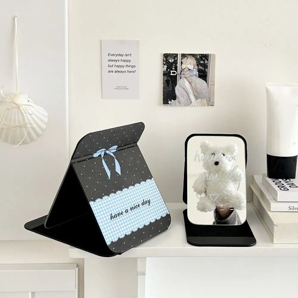 Pu Leather Desktop Stand Mirror Pink Bow Compact Cosmetic Mirror Vanity Mirror Easy To Carry Light Weight Pocket Make-up Mirror