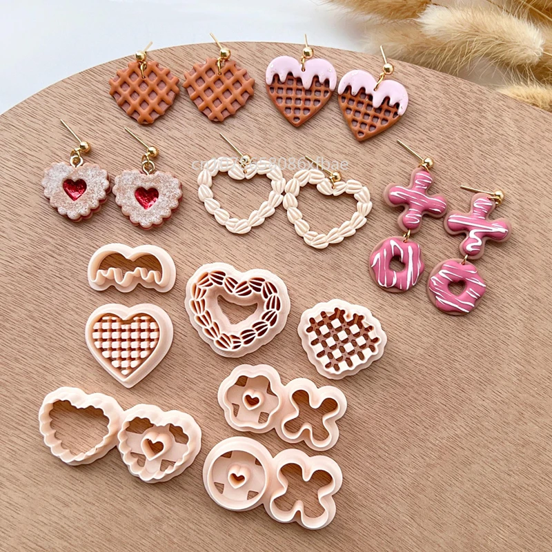 Valentines Cookie Waffle Heart Polymer Clay Cutters Lovely XOXO Donut Biscuits Shaped Pottery Dangle Clay Earrings Cutting Tools