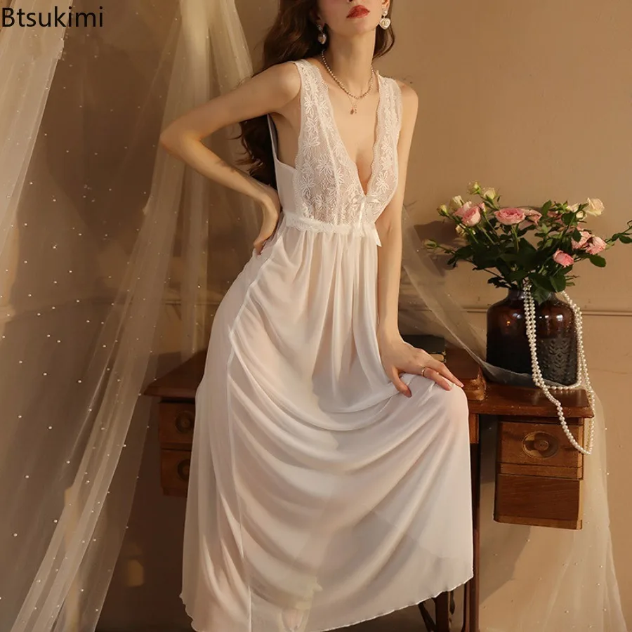 Women's Long Wedding Night Dress Lace Perspective Gowns Vintage Nightgown Elegant Low-cut Nightdress Sleeveless Sleep Night Wear