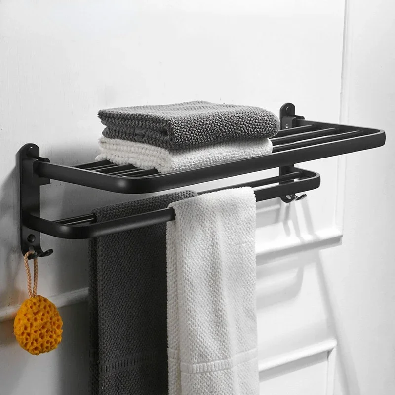 Punch-free Aluminum Black Towel Rack Wall Mounted Folding Towel Holder Storage Shelf with Hook Bathroom Shower Room Accessories