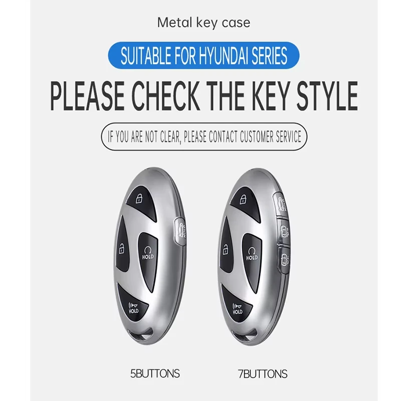Goatskin Leather Zinc Alloy 5 7 Button for Hyundai Kona Ev Grandeur GN7 IONIQ 6 2023 2024 Car Key Case Cover Fob Holder Keychain