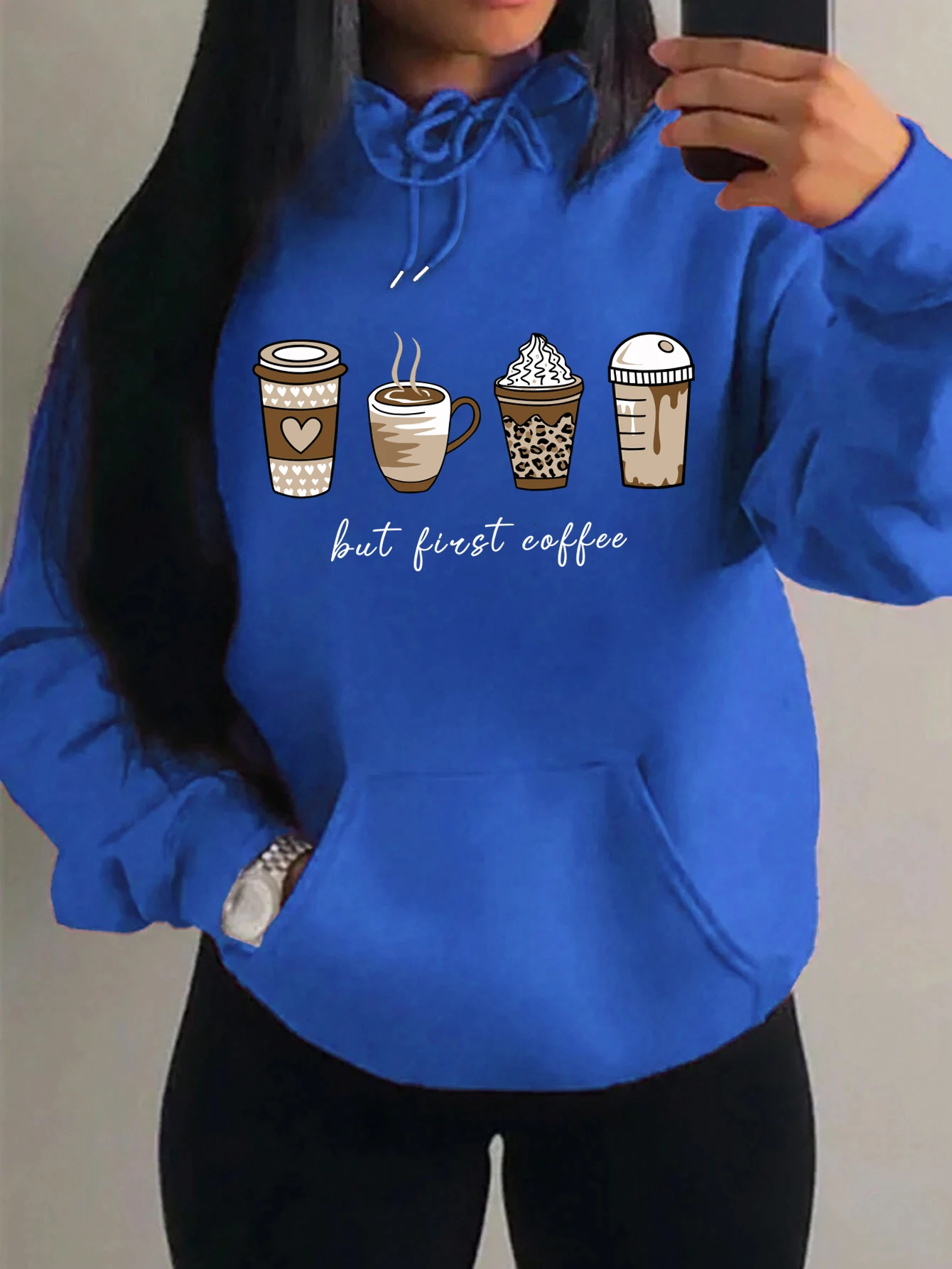 Aber zuerst Kaffee-Cartoons, Kaffeegetränke-Muster, Kapuzenpullover, modische, warme Kapuzenjacke, lässiger, trendiger Sweatshirt, Streetwear, Damenpullover. – Detail 11