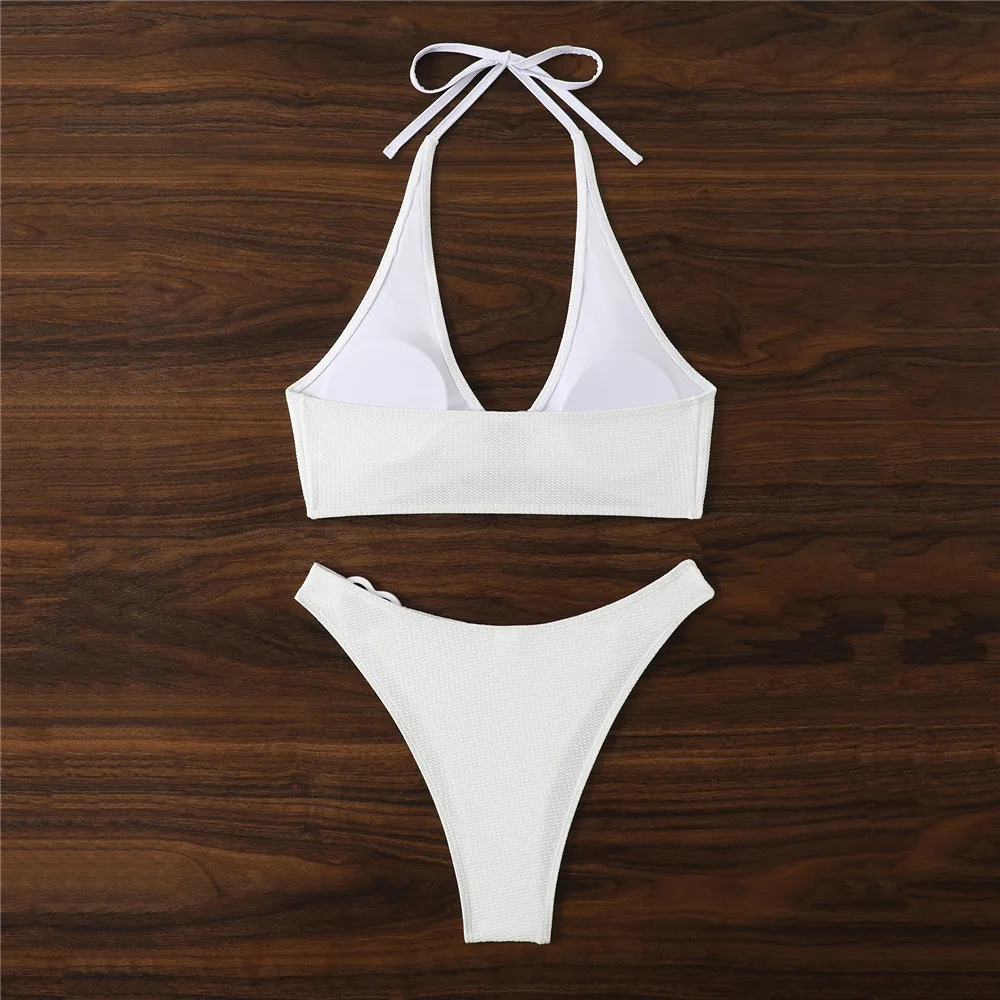 Solid White String Halter Bikinis Sets 2025 Sexy Swimsuit Women Heart Ring Linked Swimwear Bathing Suit Beach Wear Bikini Damen