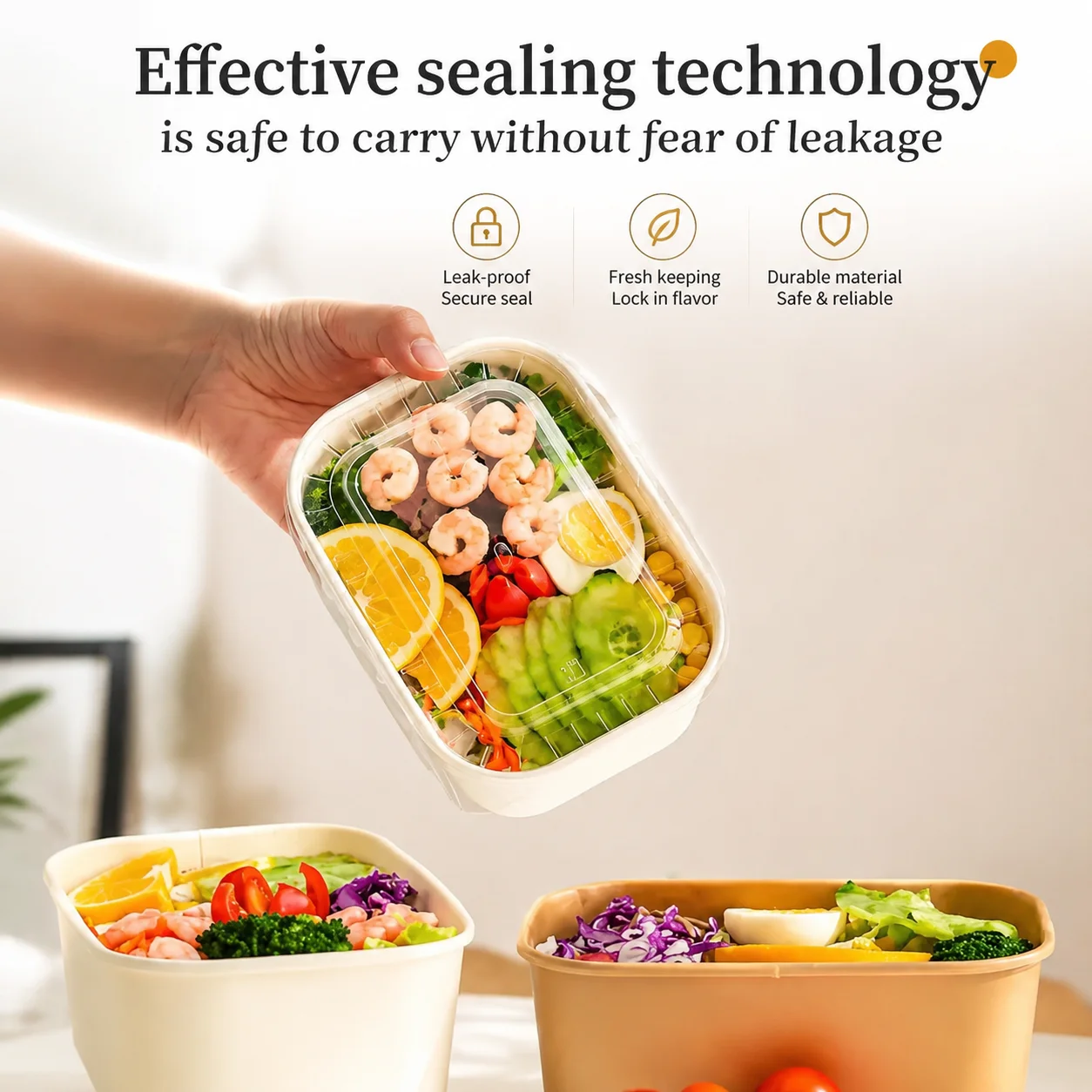 50PCS Square Kraft Paper Bento Box Disposable Bowls Leakproof Microwave Safe Takeaway Food Containers for Salad Noodles Picnic