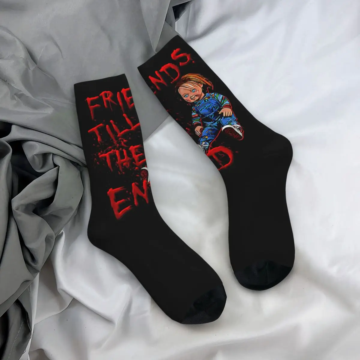 Fashion Friends Till The End Soccer Socks 80s Scary Horror Good Guy Chucky Polyester Crew Socks for Unisex