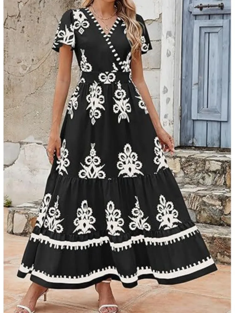 Casual Boho Print Dress For Women Fashion Short Sleeve V Neck High Waist Loose Dresses Robe Femme Holiday Beach Skirt Summer New