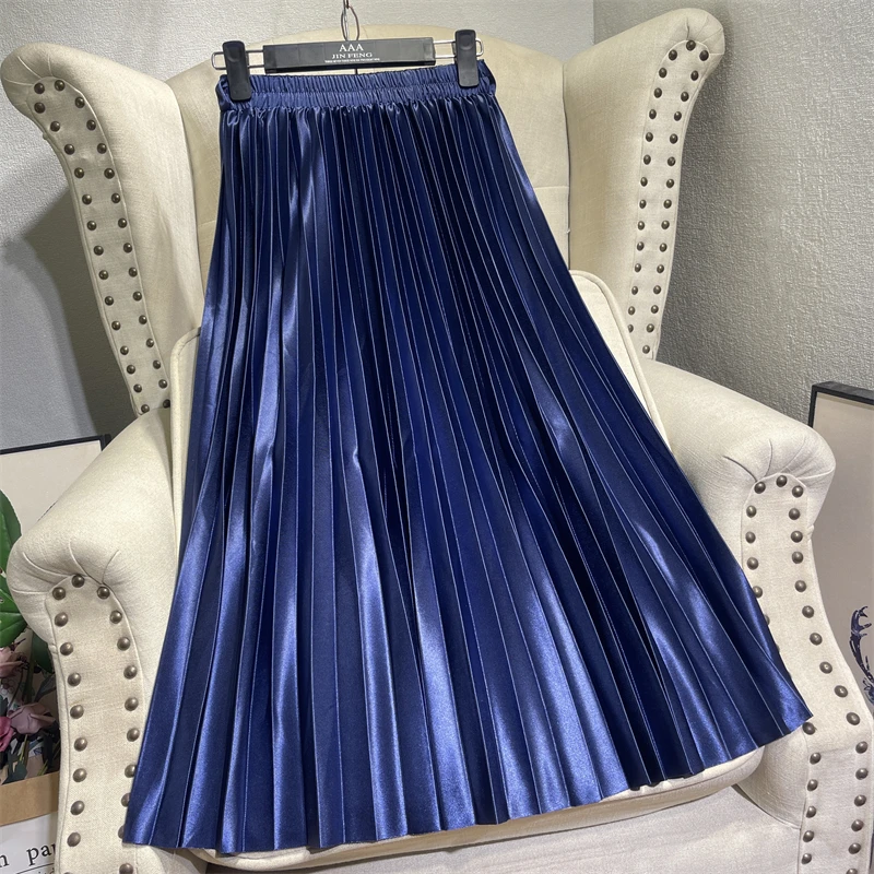 Ele A-Linie Midirock, hohe Taille, plissiert, schlankmachender Regenschirmrock, weiche Satinfarbe, Pendler-Sle für den Sommer 2024