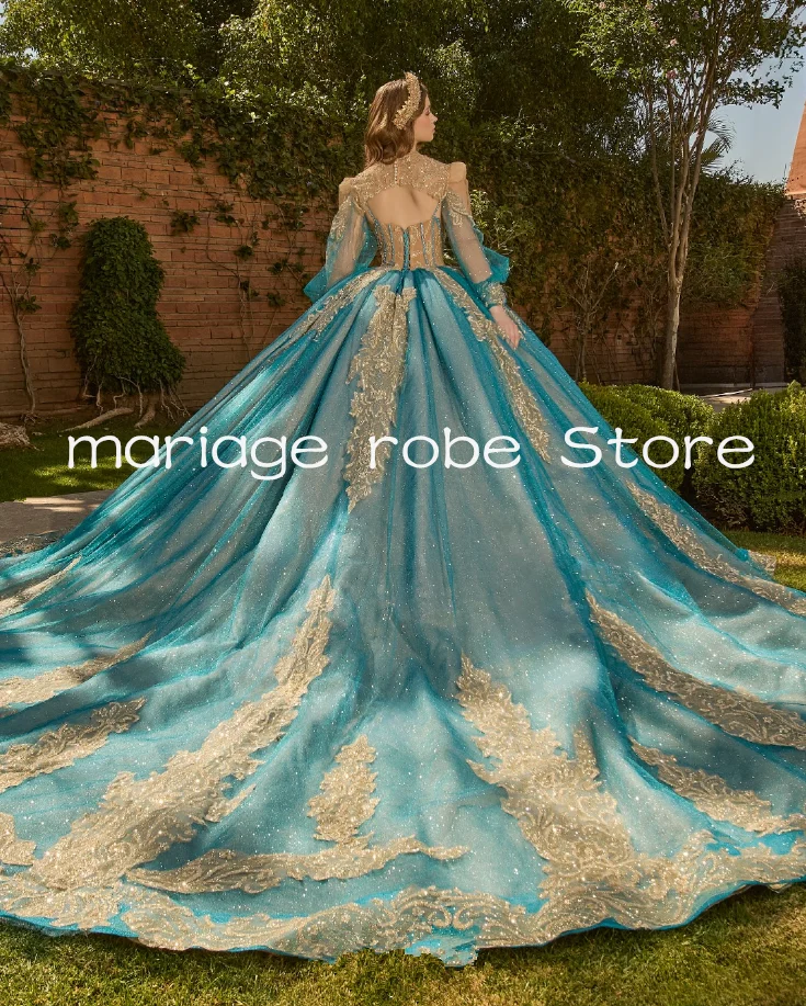 Robes de Quinceañera bleu glace scintillantes, avec veste à manches longues, corset pailleté, cristaux, vestidos de 15 años en promotion, personnalisables