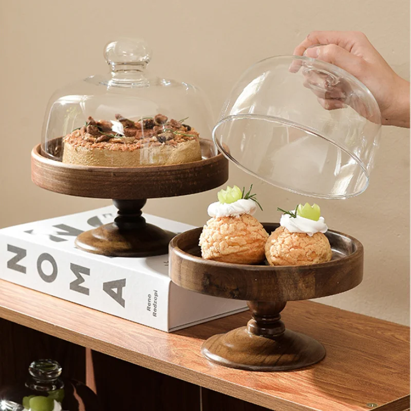 Household Wooden High Foot Tray, Living Room Cake Rack, Transparent Glass Cover, Snacks, Desserts, Fruit Plates, Tableware