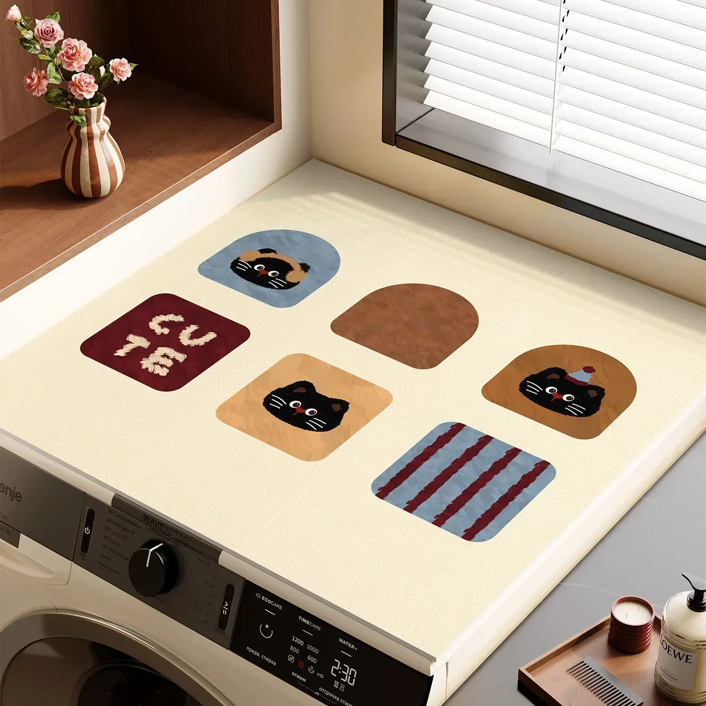 VIKAMA Patchwork Black Cat Washing Machine Top Cover Mat Cherry Print Waterproof Anti Dust Dryer Cabinet Surface Pad