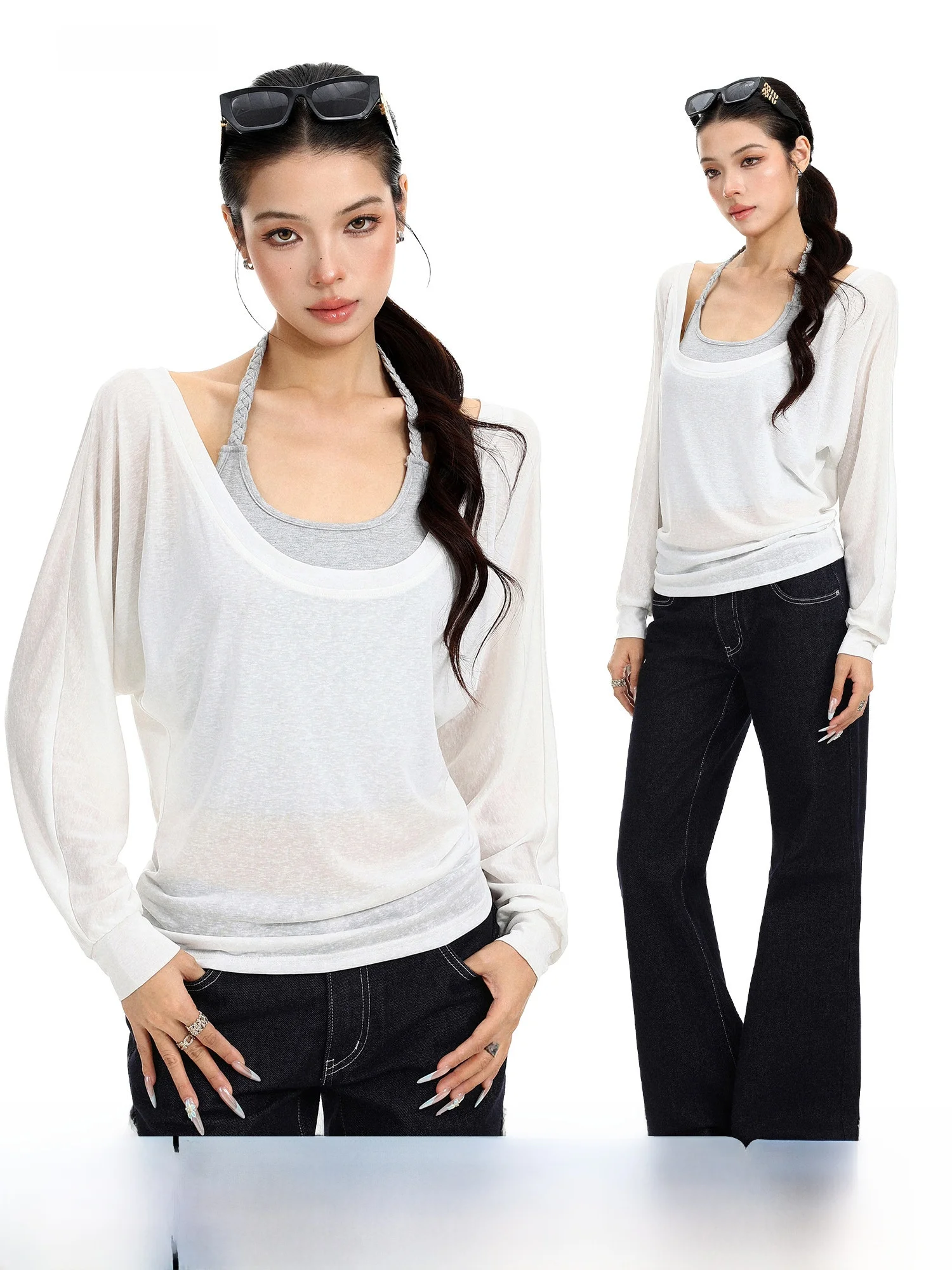 Long Sleeve Casual Women's T-shirt Sun Protection Two-Piece Set Korean Style Loose Fit Summer Top Breathable Comfortable Skin...