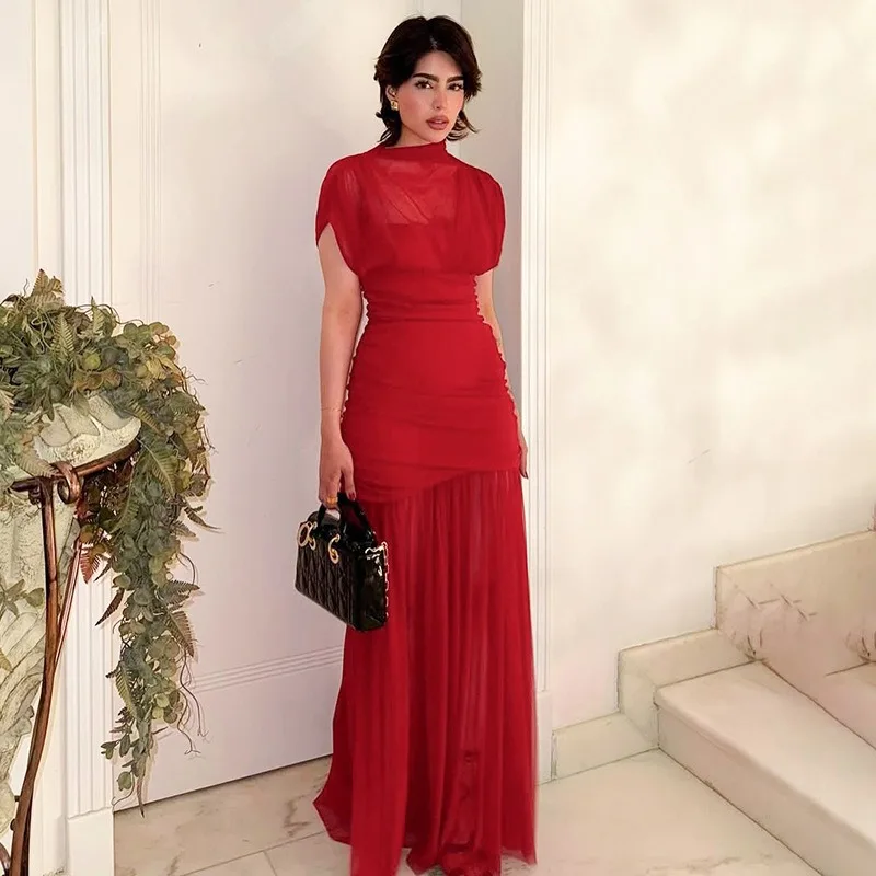Eleganckie Czerwone Plisowane Sukienki Wieczorowe Długie Wyszczuplające Bez Rękawów Plisowane Patchworkowe Sukienki Maxi w Linii A na Imprezę Lato 2025 Sukienki Damskie