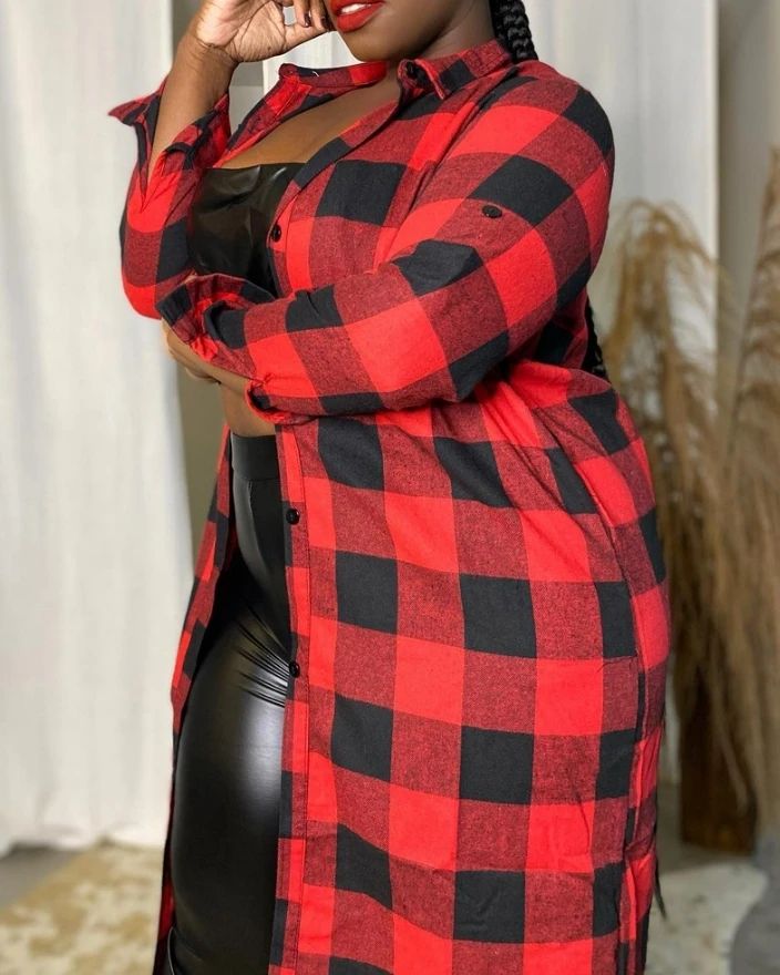 Hot Selling Plus Size Plaid Print with  Long Sleeved, Long Chain , Fashionable Girl's Coat