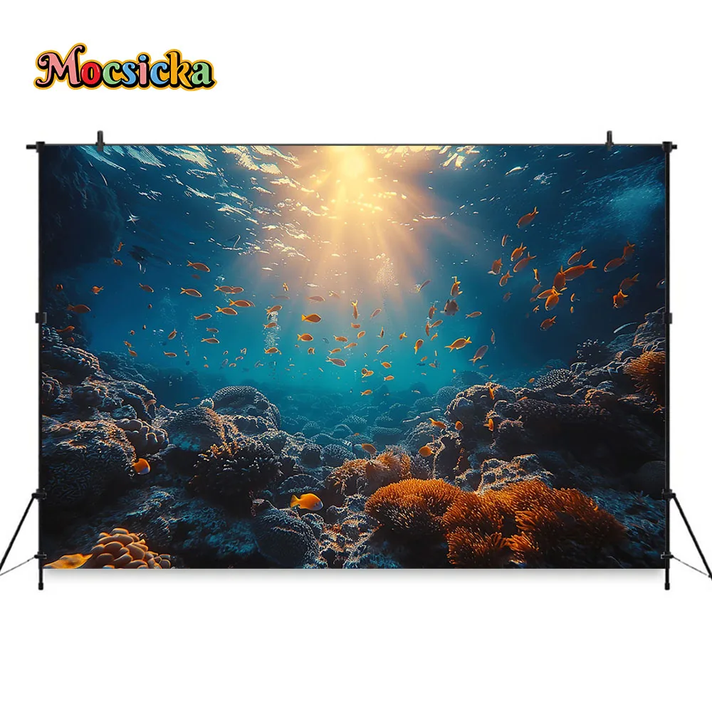 Mocsicka Mermaid Girl Birthday Cake Smash Party Background Blue Underwater World Booth Backdrop Decor Baby Shower Photo Studio