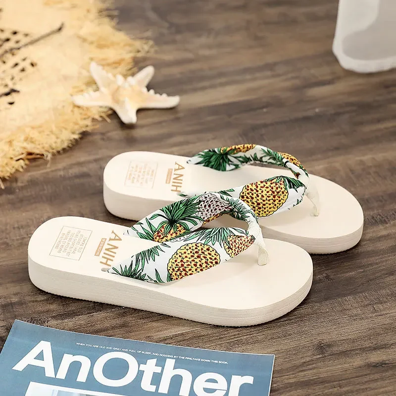 Summer Floral Printing Slippers Women Bohemian Satin Strap Platform Wedge Flip Flops Outdoor Thick Bottom Beach Shoes Thick heel