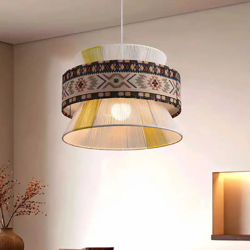 

SANDYHA Bohemian Style Cotton Rope Woven Pendant Lights Ethnic Printed Fabric Chandelier for Living Room Bedroom Unique Lighting