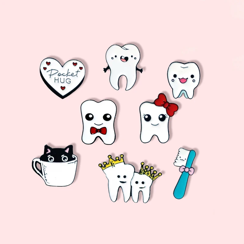 Cute Teeth Enamel Brooch Pin Customized Bowtie Toothbrush Pin Metal Flip Neck Emblem Cartoon Jewelry Accessories Gift for Friend