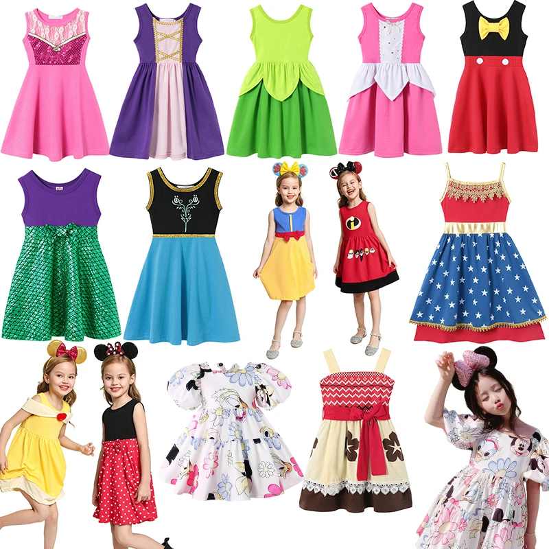 2024 Girls Disney Mickey Mouse Print Dress Cute Girl Princess Style Summer Vest Dress Elsa Anna Ariel Rapunzel Role Play Clothes