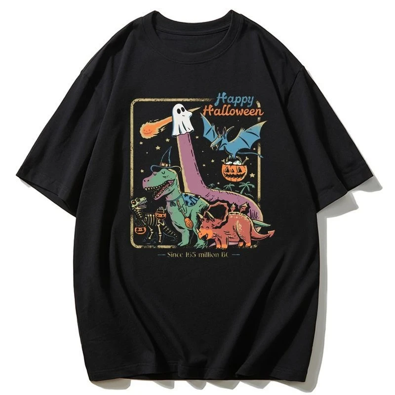 2026 جديد ديناصور متعة الأمريكية حفلة سعيدة مطبوعة حجم كبير الرجال والنساء القطن قصير الأكمام فضفاضة طاقم الرقبة تي شيرت #1