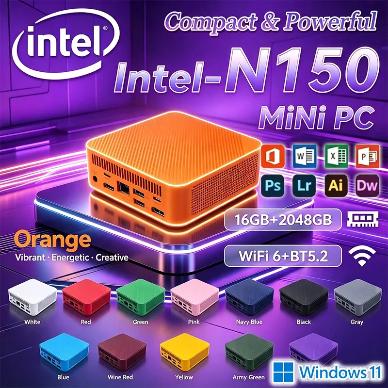 Intel N150 Mini PC Windows 11 Pro 16GB 32GB RAM 1TB 2TB SSD WiFi 6 Bluetooth5.2 4K 60Hz Portable Gaming Office Study Computer